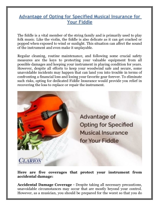 Advantage of Opting for Specified Musical Insurance for Your Fiddle