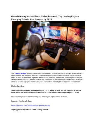 Global Gaming Market Share, Global Research, Top Leading Players, Emerging Trend