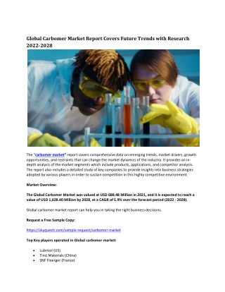 Global Carbomer Market Report Covers Future Trends with Research 2022-2028