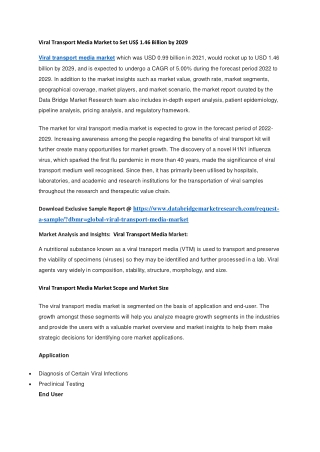 Viral Transport Media Market to Set US 1.46 Billion by 2029