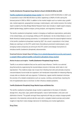 Tamiflu (Oseltamivir Phosphate) Drugs Market to Reach US 862.85 Billion by 2029