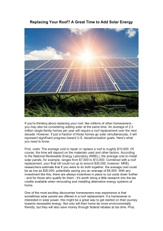 Replacing Your Roof A Great Time to Add Solar Energy