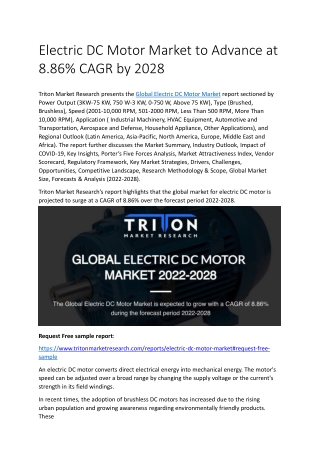 Electric DC Motor Market to Advance at 8.86% CAGR by 2028