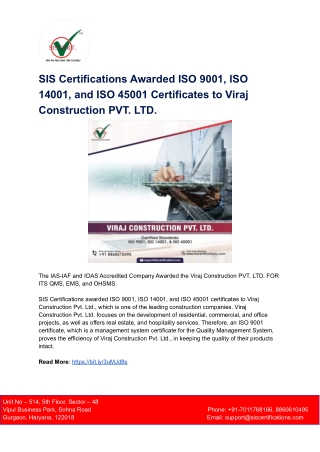 ISO 9001, ISO 14001, and ISO 45001 Certificate to Viraj Construction PVT. LTD.