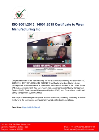 ISO 9001_2015, 14001_2015 Certificate to Wren Manufacturing Inc