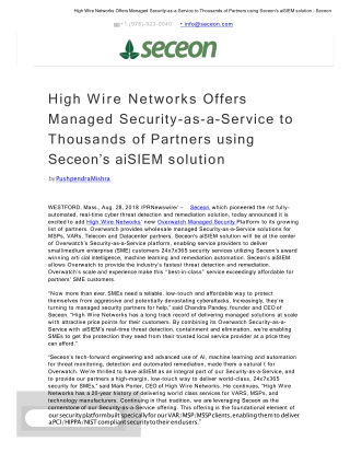 High Wire Networks Offers Managed Security-as-a-Service to Thousands of Partners using Seceon's aiSIEM solution - Seceon