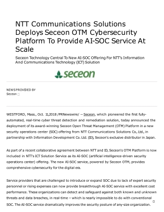 NTT Communications Solutions Deploys Seceon OTM Cybersecurity Platform To Provide AI-SOC Service At Scale