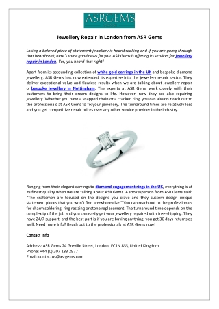 Jewellery Repair in London from ASR Gems