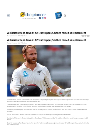 Williamson steps down as NZ Test skipper, Southee named as replacement