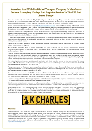 Accredited And Well-Established Transport Company In Manchester Delivers Exemplary Haulage And Logistics Services In The