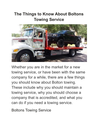 The Things to Know About Boltons Towing Service