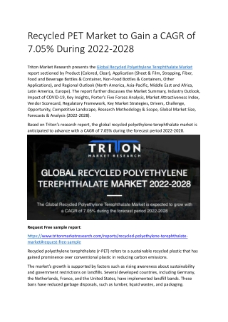 Recycled PET Market to Gain a CAGR of 7.05% During 2022-2028