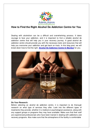 How to Find the Right Alcohol De Addiction Centre for You