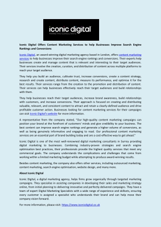 Iconic Digital Offers Content Marketing Services to help Businesses Improve Search Engine Rankings and Conversions
