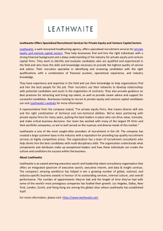 Leathwaite Offers Specialised Recruitment Services for Private Equity and Venture Capital Sectors