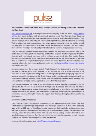 Pulse Cashflow Finance Ltd Offers Trade Finance Solution Benefitting Clients with Additional Cashflow Boost