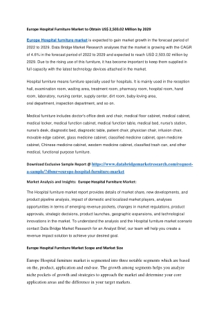 Europe Hospital Furniture Market to Obtain US 2,503.02 Million by 2029