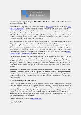 Systems Analysis Design & Support Offers Office 365 & Cloud Solutions Providing Increased Flexibility for Remote Staff