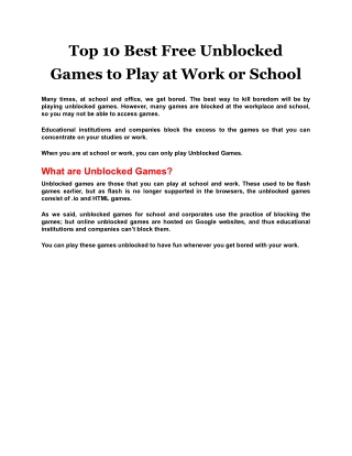 Top 10 Best Free Unblocked Games to Play at Work or School