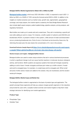 Biological Buffers Market Augmented to Obtain US 1.3 Billion by 2029