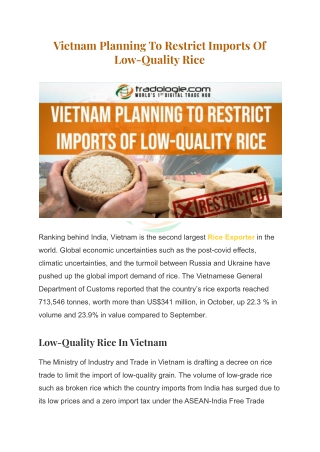 Vietnam Planning To Restrict Imports Of Low-Quality Rice