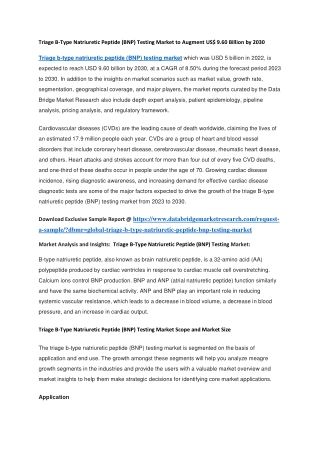 Triage B-Type Natriuretic Peptide (BNP) Testing Market to Augment US 9.60 Billion by 2030