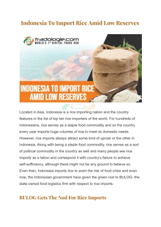 Indonesia To Import Rice Amid Low Reserves