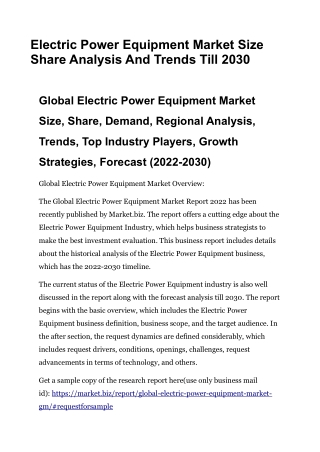 Electric Power Equipment Market Size Share Analysis And Trends Till 2030
