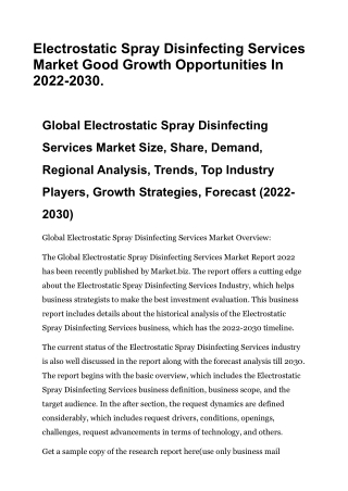Electrostatic Spray Disinfecting Services Market Good Growth Opportunities In 20