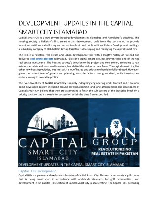 DEVELOPMENT UPDATES IN THE CAPITAL SMART CITY ISLAMABAD