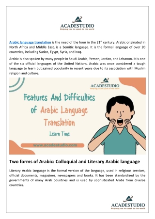 Features And Difficulties of Arabic Language Translation