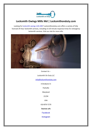 Locksmith Owings Mills Md  Locksmithonduty.com