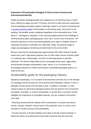 Importance Of Sustainable Packaging To Drive Circular Economy And Environmental Benefits