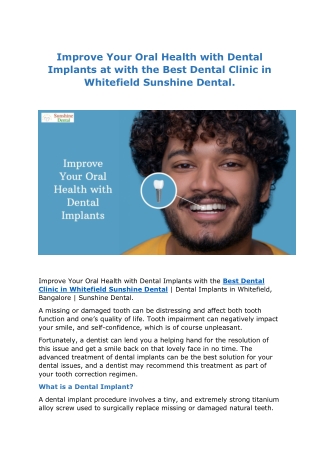 Improve Your Oral Health with Dental Implants at with the Best Dental Clinic in Whitefield Sunshine Dental
