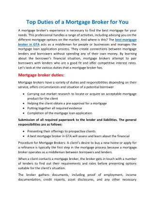 Top duties of a mortgage broker for you