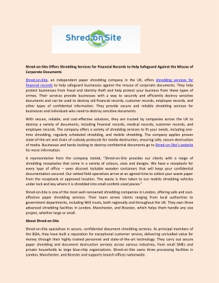 Shred-on-Site Offers Shredding Services for Financial Records to Help Safeguard Against the Misuse of Corporate Document