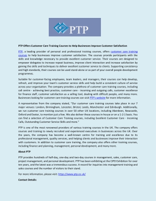 PTP Offers Customer Care Training Courses to Help Businesses Improve Customer Satisfaction