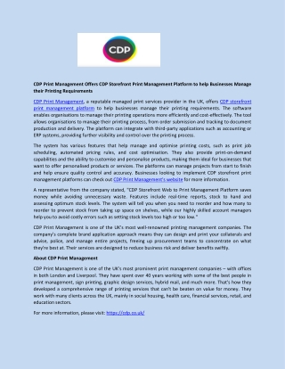 CDP Print Management Offers CDP Storefront Print Management Platform to help Businesses Manage their Printing Requiremen
