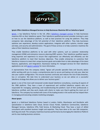 Ignyto Offers Salesforce Managed Services to Help Businesses Maximise ROI on Salesforce Spend