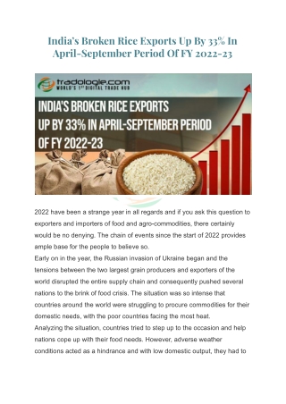 India’s Broken Rice Exports Up By 33% In April-September Period Of FY 2022-23