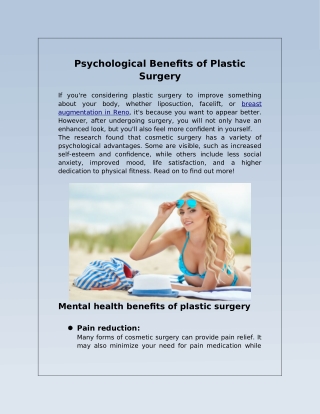Psychological Benefits of Plastic Surgery