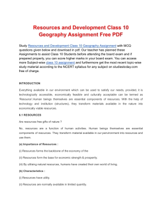 Resources and Development Class 10 Geography Assignment Free PDF