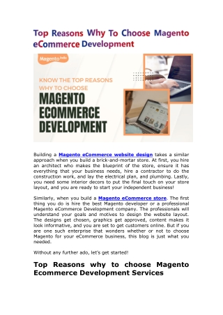 Top Reasons Why To Choose Magento eCommerce Development