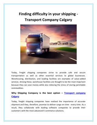 Finding difficulty in your shipping - Transport Company Calgary