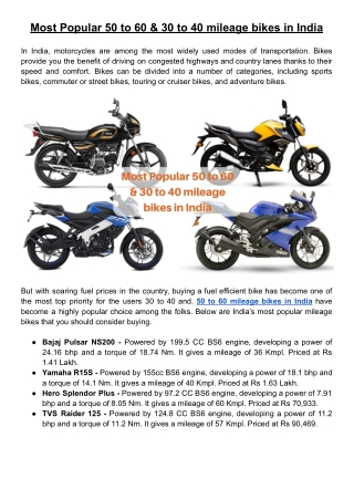 50 to 60 mileage bikes in india & 30 to 40 mileage bikes in india