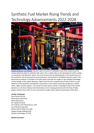 Synthetic Fuel Market Rising Trends and Technology Advancements 2022