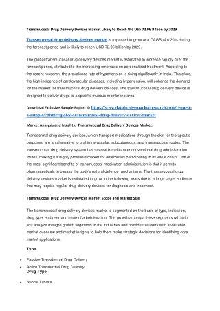 Transmucosal Drug Delivery Devices Market Likely to Reach the US 72.06 Billion by 2029