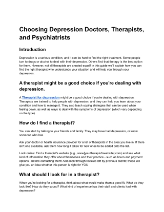 Choosing Depression Doctors, Therapists, and Psychiatrists