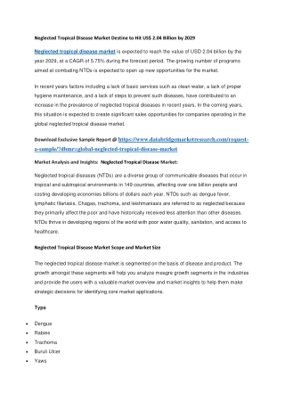 Neglected Tropical Disease Market Destine to Hit US 2.04 Billion by 2029