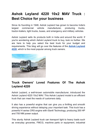 Ashok Leyland 4220 10x2 MAV Truck : Best Choice for your business